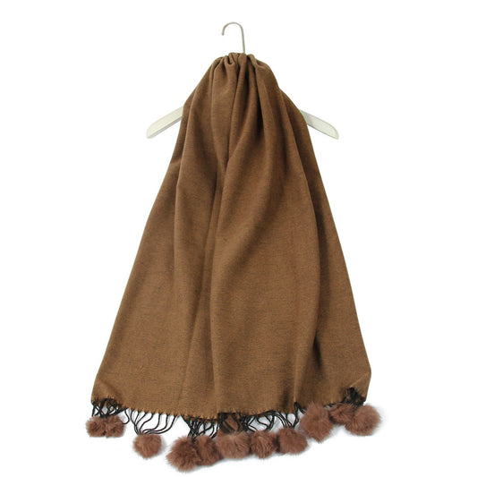 Scarf with Real Fur Pom Pom, 60 cm x 170 cm, Brown, 100% Viscose, Real Fur Pom Pom
