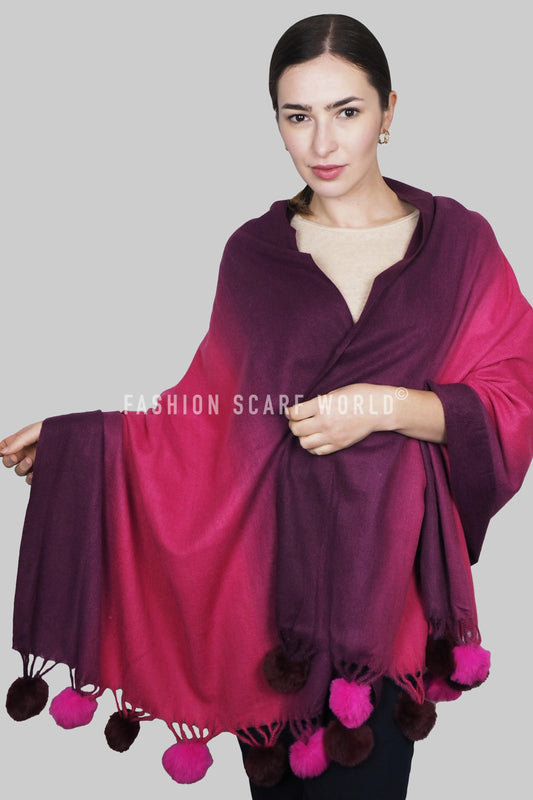 Wool Scarf With Pom Pom, 65 cm x 180 cm, Multicolor Garnet, 30% Wool 70% Acrylic