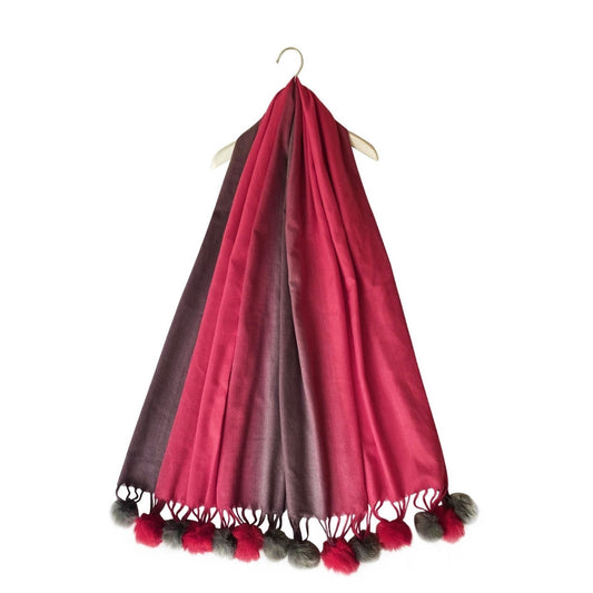 Wool Scarf With Pom Pom, 65 cm x 180 cm, Multicolor Garnet, 30% Wool 70% Acrylic