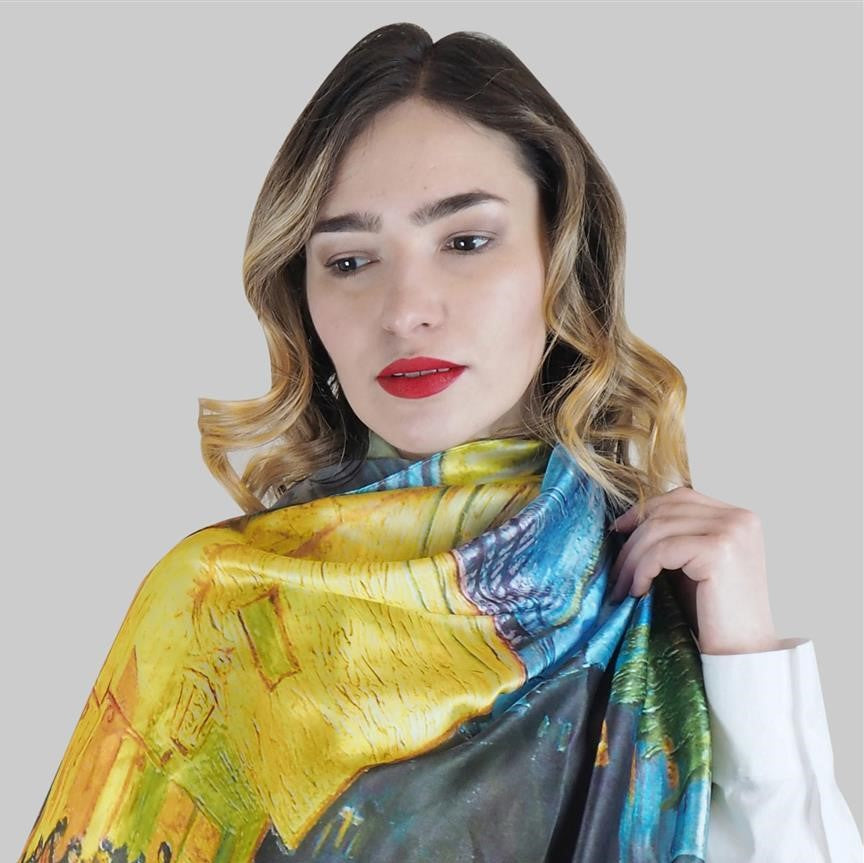 Silk Scarf, 70 cm x 180 cm, Van Gogh - Terrace At Night, 50% Silk 50% Viscose