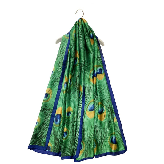 Silk Scarf, 90 cm x 180 cm, Peacock Feather Patterned, Green, 50% Silk 50% Viscose