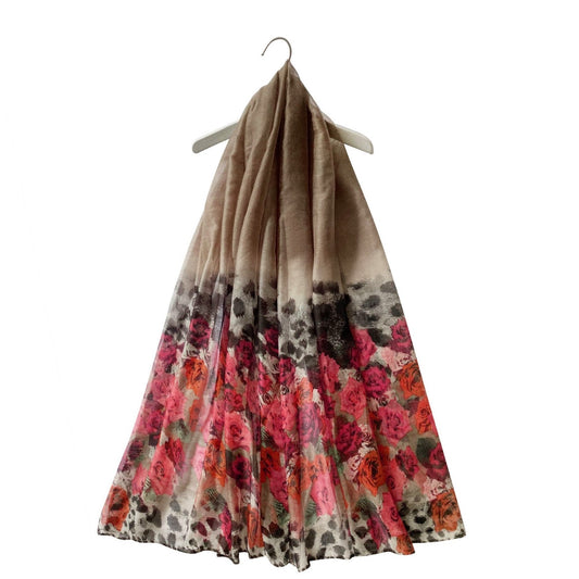Rose Flower & Leopard Patterned Brown Scarf, 90 cm x 180 cm,, 100% Viscose