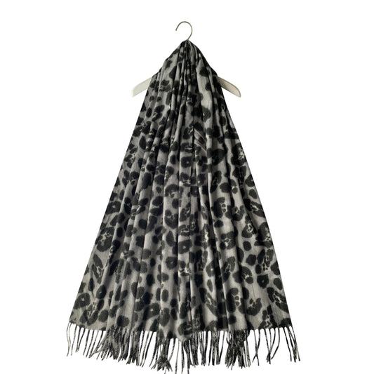 Wool Scarf, 65 cm x 180 cm, Leopard Patterned, Grey, 30% Wool 70% Viscose