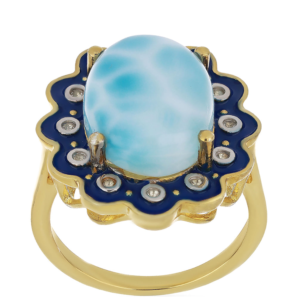 Goldplattierter Silberring mit Emaille und Larimar