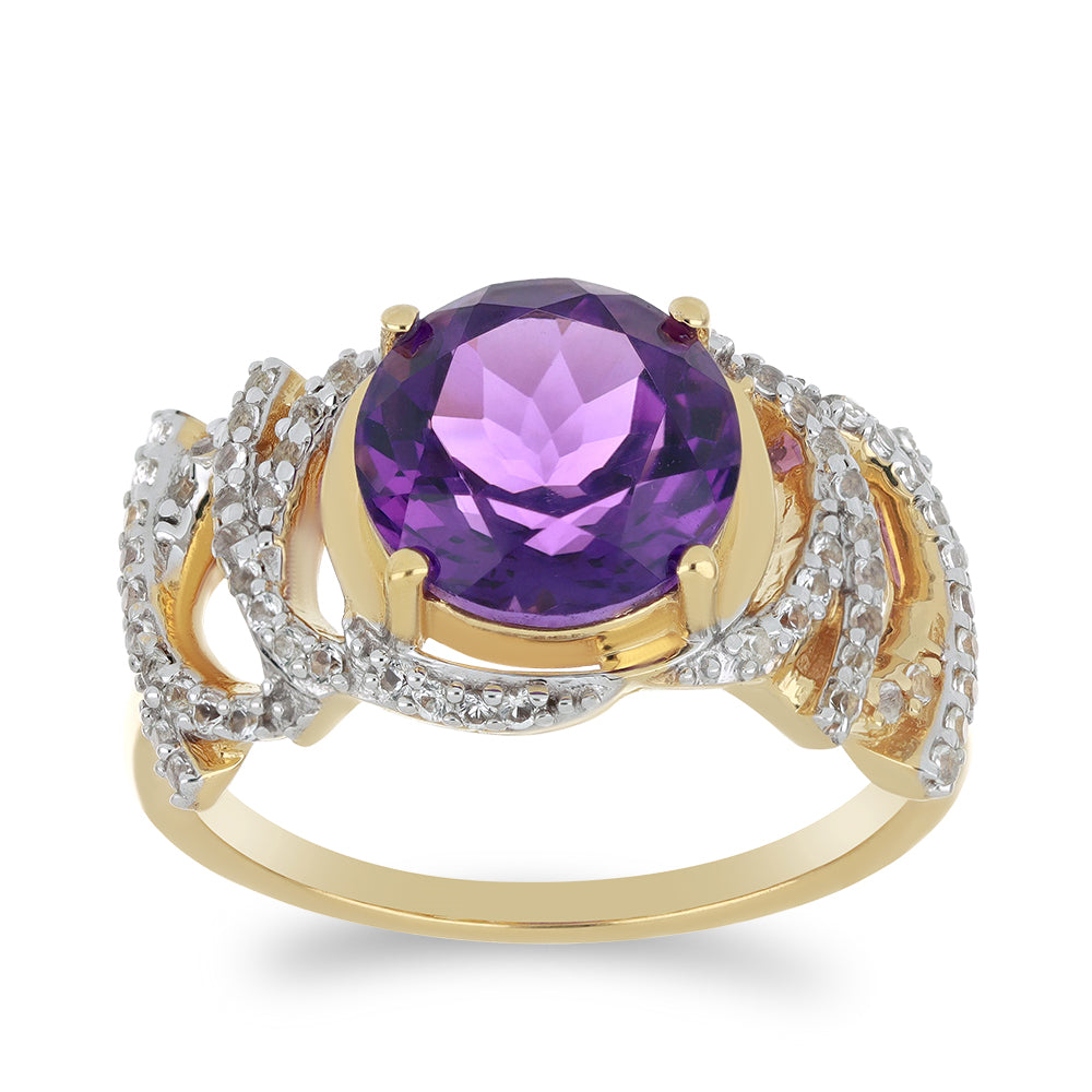 Goldplattierter Silberring mit sambischem Amethyst und weißem Topas