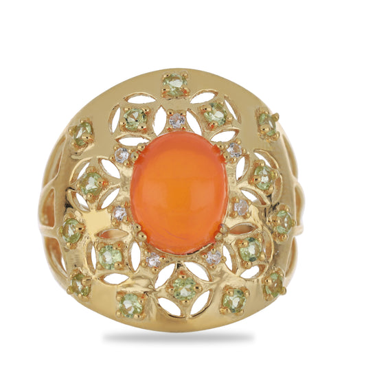 Goldplattierter Silberring mit orangefarbenem Opal aus Lega Dembi und Peridot aus Changbai