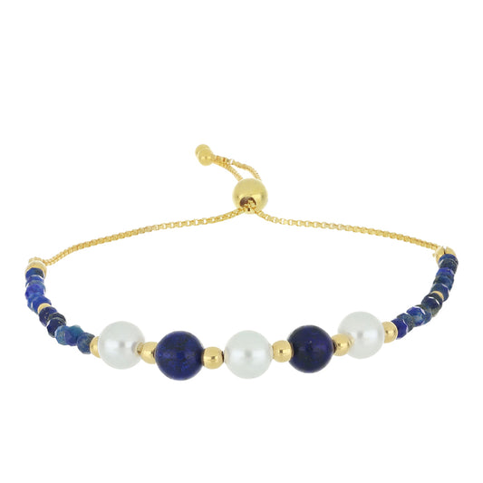 Goldplattiertes Silberarmband mit Lapislazuli aus Badakhshan und weißer Süßwasserperle